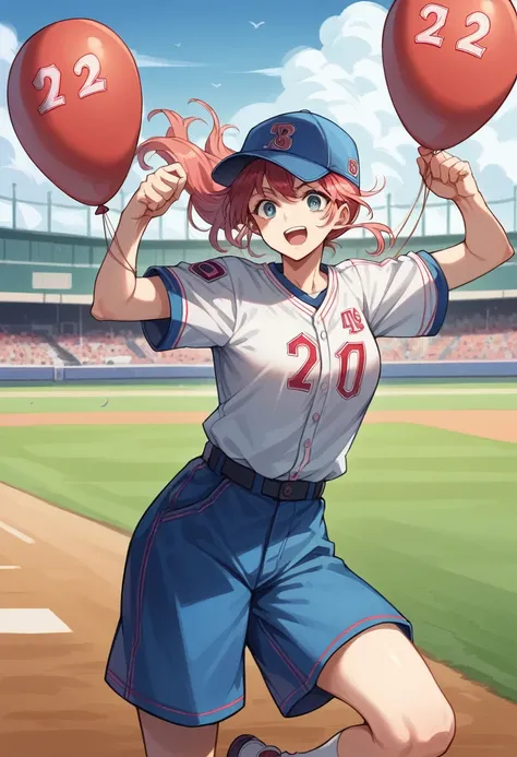 masterpiece, best quality, extremely detailed, anime, A girl, a baseball cap, a baseball field, watching a baseball game, ((holding placard with the number 7 written on it)), lots of balloons flying,