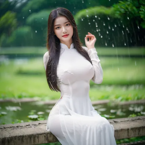 big breasts, round breasts, wearing bra inside ao dai, slim figure, beautiful figure, big breasts, long straight hair, ((sharp 8k quality photo)), ((details of beautiful, sharp face, face balanced) cho)), ((beautiful breasts, exposed cleavage, plump body),...