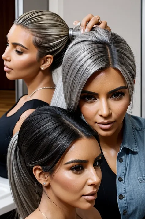 Kim Kardashian with high ponytail and silver hair combing her girlfriend&#39;s hair with gel and kissing her on top of her head