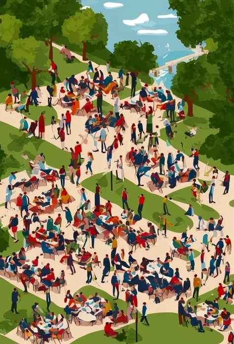 vector art of a crowd of people eating together in a park