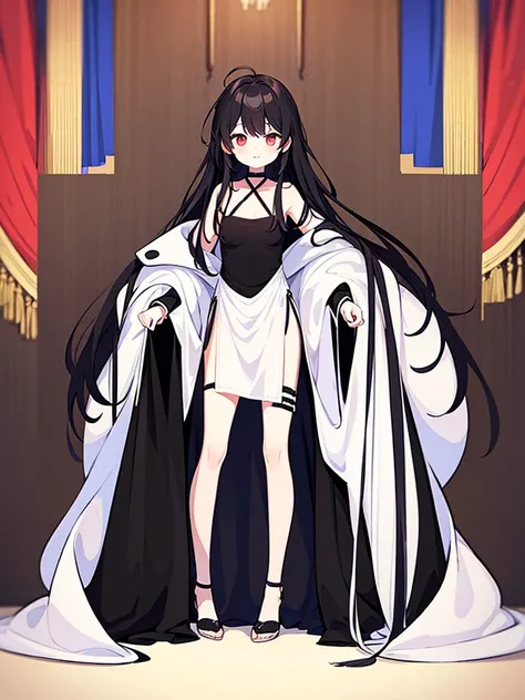 Full-body portrait、Are standing、Adult women、Black Hair、Untidy hair、Messy hair、Thick Hair、Very long hair、Long Hair、A thin, short, revealing black curtain dress、Revealing clothing、Clothes that show skin