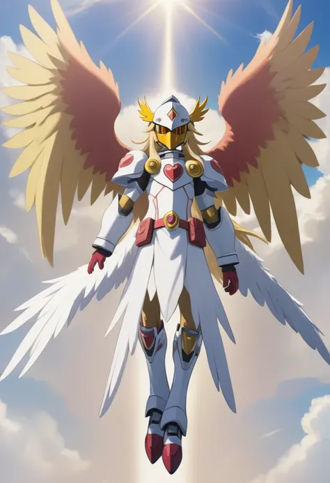 Angemon de Digimon Adventure con una pose de valentia, 1man, solo, full body, blonde hair, head wings, helmet, (covered eyes), long hair, angel wings, feathered wings, wings, en el cielo de fondo, anime screencap, american cowboy shot, masterpiece, the bes...