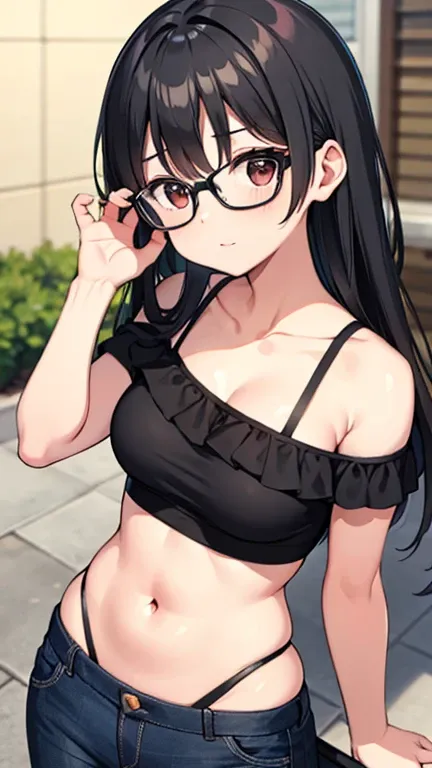 Black hair glasses、tits、