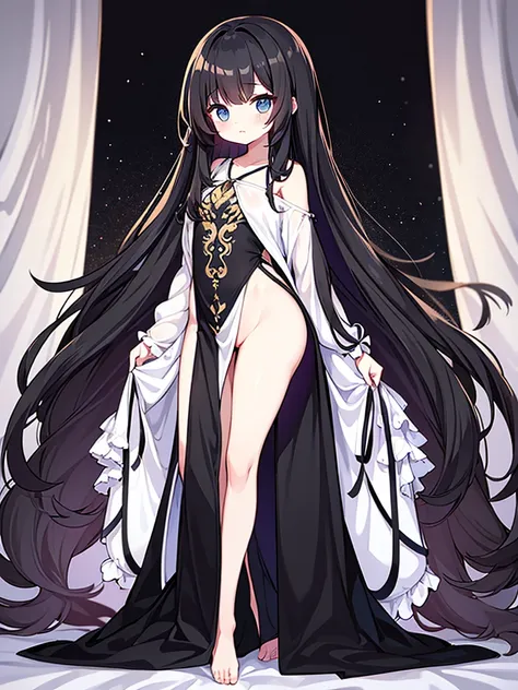 Full-body portrait、Are standing、Adult women、Black Hair、Untidy hair、Messy hair、Thick Hair、Very long hair、Long Hair、A thin, short, revealing black curtain dress、Revealing clothing、Clothes that show skin