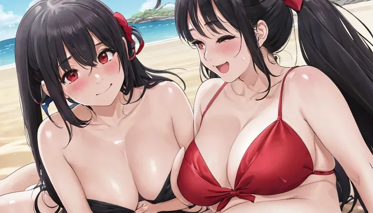 ((Highest quality)), ((masterpiece)), (detailed), Perfect Face, Red Eyes , beach , Open wide legs ,　black hair , black long hair、long hair、two bun head , ribbon、medium breasts , Red Chinese Dress , 20-year-old、painful、 lines , sPeech bubble , beach , lure、...