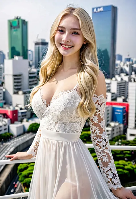 （（European Caucasian Woman））、（（Mary, 18 years old））one person、Thin contours、Grey Eyes、Big Breasts、Narrow waist、White and translucent skin、Beautiful, shiny blonde medium-long hair、8-head-tall model style、White lace long dress、Waist-down angle、Tokyo city、smi...