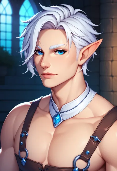 upper body , white hair ,blue eyes ,elf,short hair,Medieval Fantasy,luxury set,nobility,handsome man,Mages,The backdrop is a mansion.