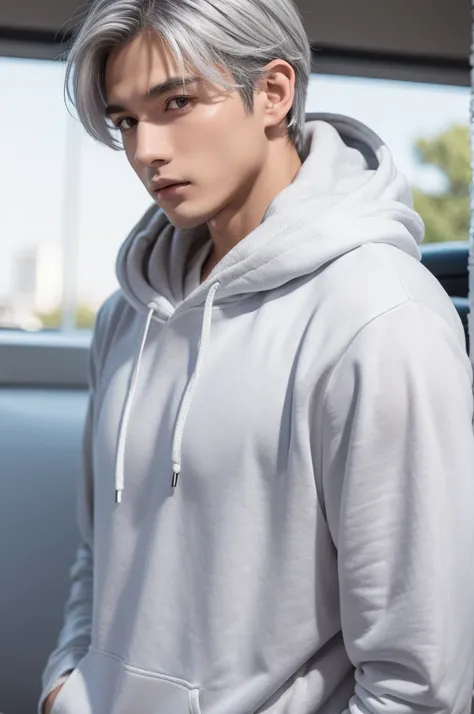 man gray hair white hoodie boy