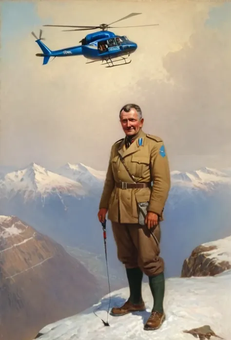 Sergei Taboritsky, man on the mountain, The top of the mountains, helicopter in the background