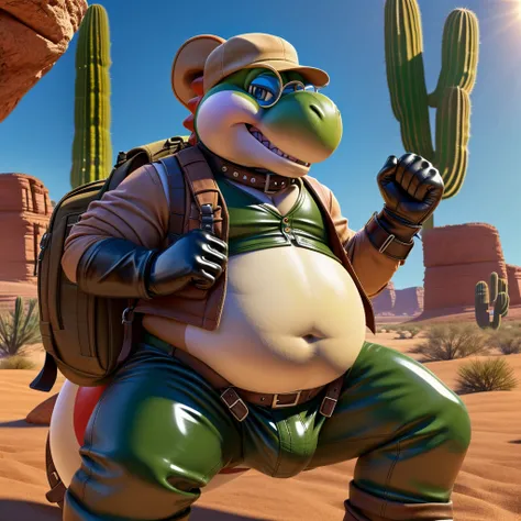 Male, fat, extremely obese, Yoshi, blue eyes, (posing:1.3), (soft shading), 4k, hi res, ((detailed face, detailed)), looking at viewer, evil grin, desert, cactus, shirt, hat, male focus, Explorer Outfit, glasses, pants, bag, vest, backpack, sleeves rolled ...