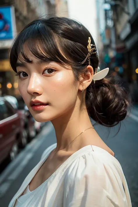 Brownish black hair, Iris, Fair skin, Face like goose eggs, atmosphereのある顔の特徴, expensive, Confidence and strength, Firm and plump, Curly Hair, Hair Bun, With hairpin, Red Rose, Blue Butterfly, White Rabbit, signboard, Official Quality, mysterious, Light an...