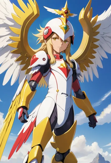 Angemon de Digimon Adventure con una pose de valentia, 1man, solo, full body, blonde hair, head wings, helmet, long hair, angel wings, feathered wings, wings, en el cielo de fondo, anime screencap, american cowboy shot, masterpiece, the best quality, super...