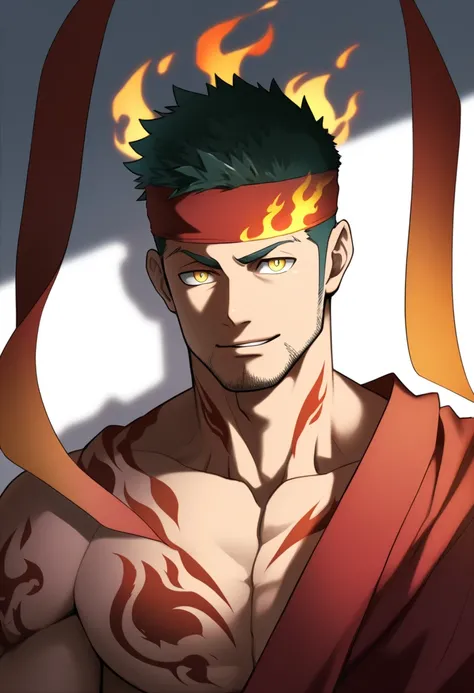 anime characters：Gyee, priapus, 1 muscular man god, Flame tattoo, sports Red headband, Priestly robes, muscular male, muscular, only, Upper body, alone, Black short hair, Thick eyebrows, stubble, Yellow eyes, White background, simple background, amazing qu...