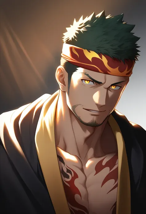 anime characters：Gyee, priapus, 1 muscular man god, Flame tattoo, sports Red headband, Priestly robes, muscular male, muscular, only, Upper body, alone, Black short hair, Thick eyebrows, stubble, Yellow eyes, White background, simple background, amazing qu...