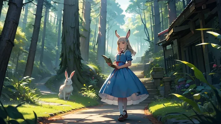 Make a cover for a YouTube video about the book Alice in Wonderland with Alice and the Rabbit