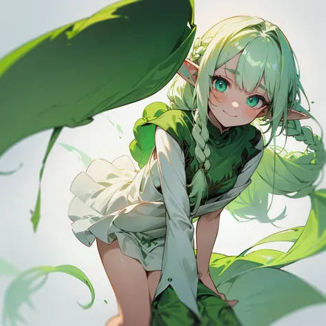  1 elf girl, simple and loose/crumpled white dress with green gradient, long white hair with green gradient, small braids, simple non-revealing dress that reaches up to her legs. Soft expression, soft eyes, smiling shyly, very very simple fantasy design 