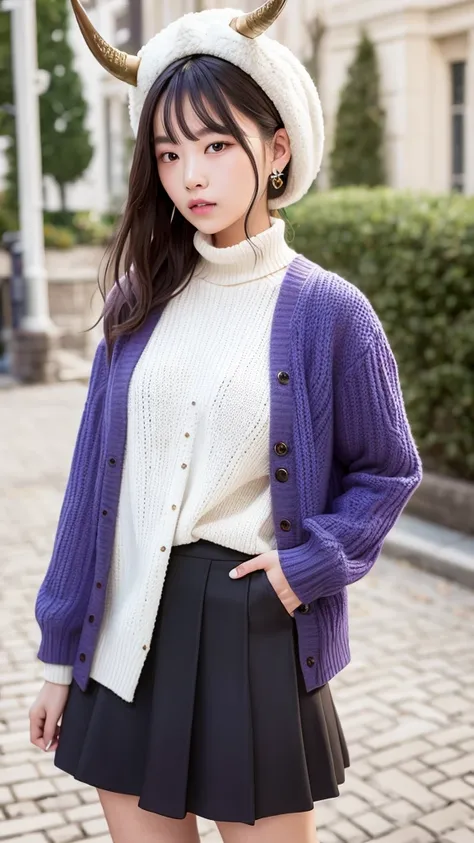 masterpiece, Highest quality, High resolution, Himsul 1, Horned hat, hair flower, X Hair Ornament, White sweater, Purple Jacket, flower, Long sleeve, Open clothes, Black Bow, Sleeves are longer than the wrist, skirt, Cowboy Shot, Outdoor, street, Are stand...