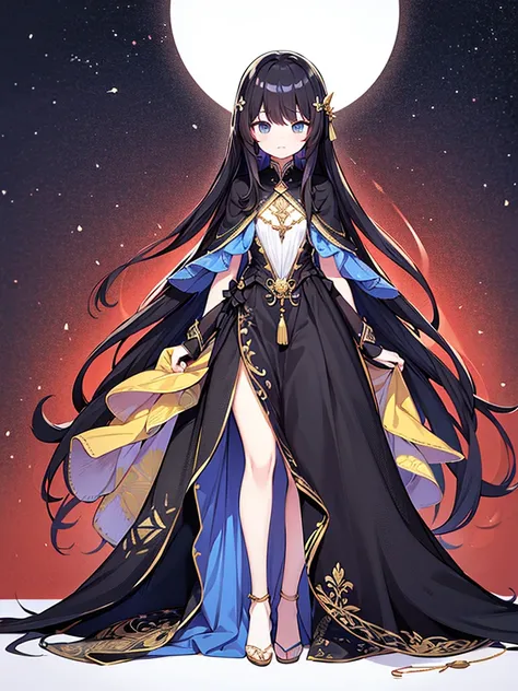 Full-body portrait、Are standing、Adult women、Black Hair、Untidy hair、Messy hair、Thick Hair、Very long hair、Long Hair、Black God&#39;s Dress、Light clothing