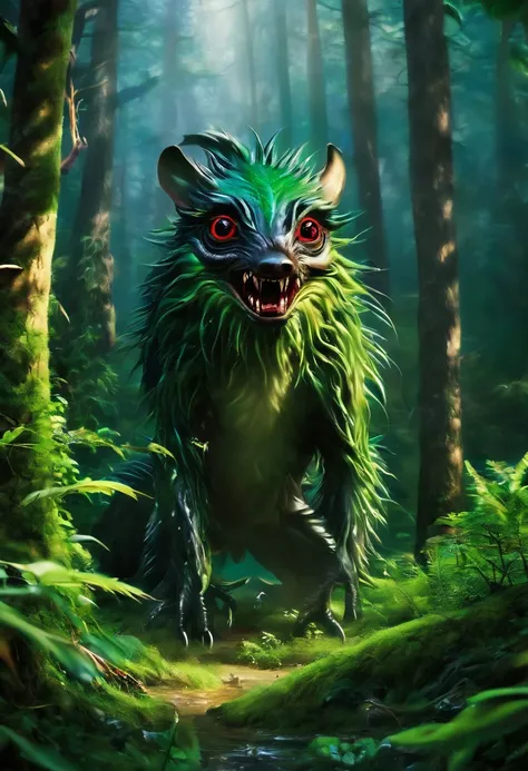 unidentified creatures deep in the forest。scared。huge。feel ill。the background is realistic。