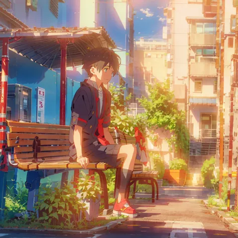 Anime city street scene with a boy sitting on bench