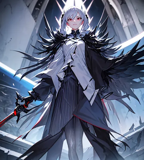 silver hair, twin drills, abyss, large black wings, jet black sword in one hand, countless swords wrapped around his body, sharp...