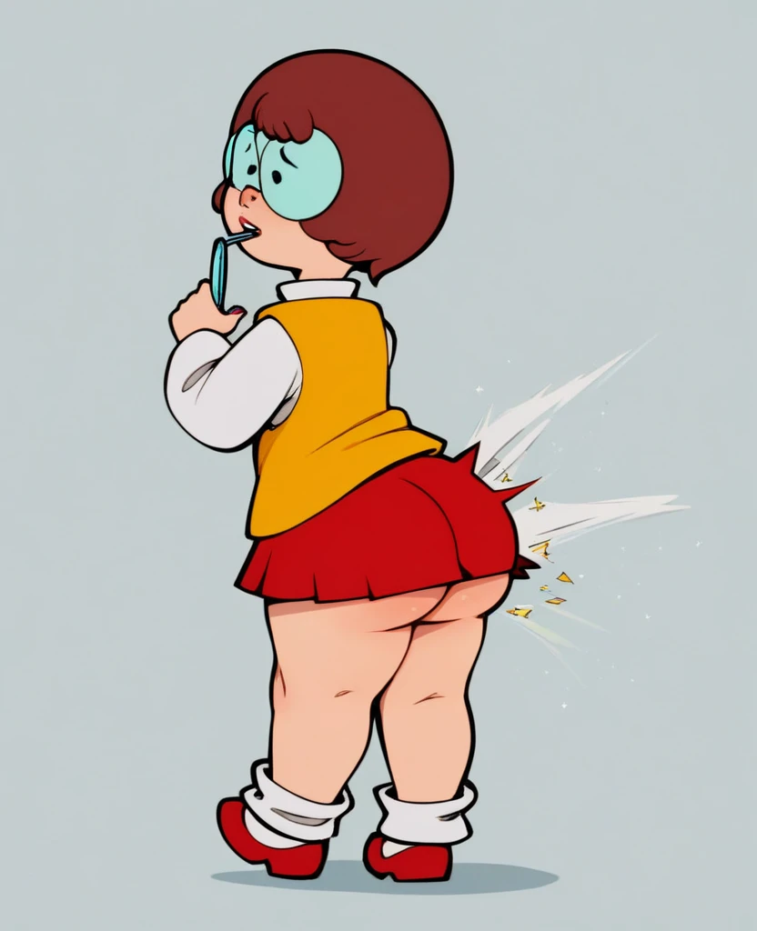 score_8, score_9, solo, velma, short hair, red hair, glasses, skirt, ass twerking