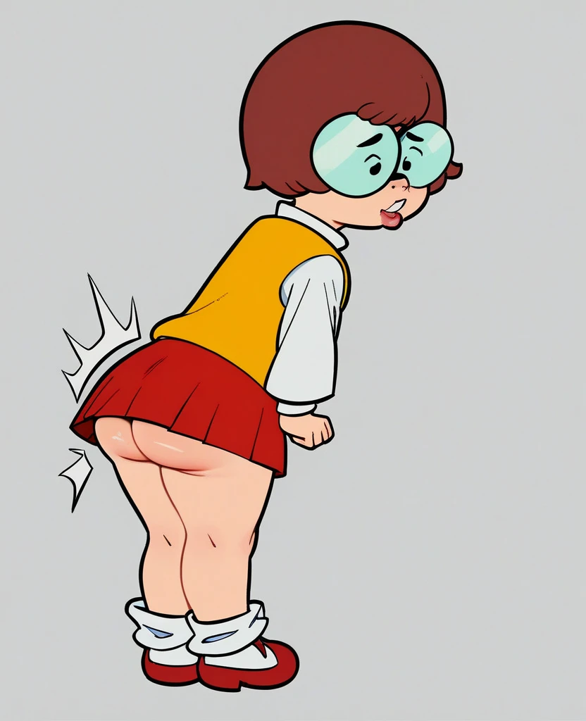 score_8, score_9, solo, velma, short hair, red hair, glasses, skirt, ass twerking