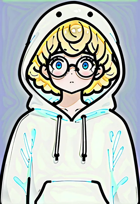 1boy, blond hair, round glasses, wearing grey ghost costume hoody, tired eyes, blue eyes, dark room, short curly hair, absurdres...