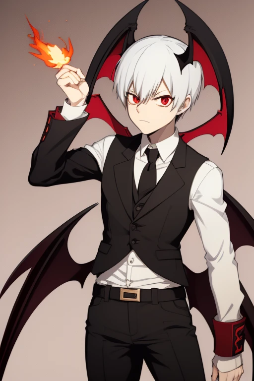 Shoto Todoroki character sheet from My Hero Academia, Vampire, incubus, red eyes and white hair, bat wings, black clothes, black steampunk pants, red shirt, black vest, pale skin. Looking directly at the viewer