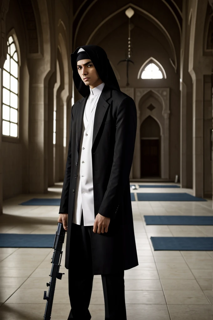 The character Kira from the anime Death Note, wearing black Islamic clothing, standing in a mosque and holding a silencer pistol in his hand.