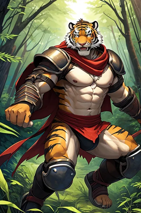 Tiger,Young Adults,Strong,handsome,warrior,Scantily clad(Scapula,Armor knee pads,Crotch bulge,Red torn shawl,Bare chest and abdomen),expression(unyielding,Perseverance,fighting spirit),Open your legs,Alone,Look directly into the camera,environment(Empty ar...