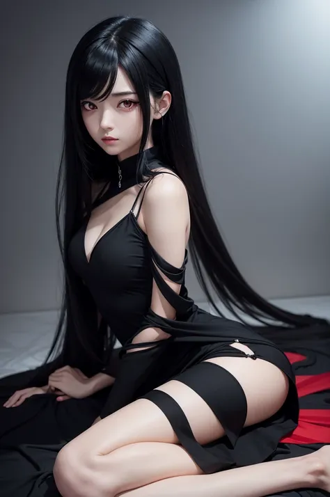 A female anime character with black hair and red eyes, a long black dress with a split leg and a calm, manipulative look 
