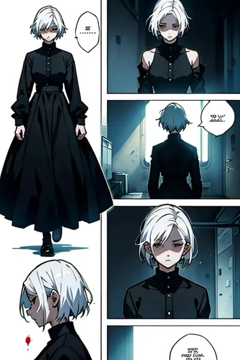 Girl with short white hair small and really skinny, feeling extremely sick, detailed illness, coughing blood, fainting , throwing up, bloody, wearing long black dress, running, manga page with panels and dialogue    