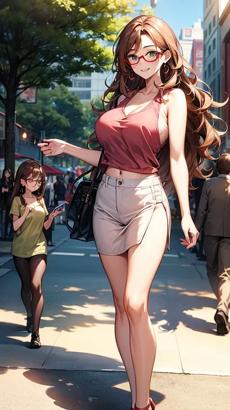 Wife 30 years old，Large Breasts，Brown wavy hair，earrings，Smile，pedestrian mall，Sun，breeze，Tree shadow，light pink vest，Sexy，noble，red glasses，green eyes