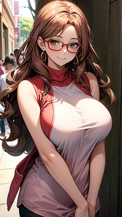 Wife 30 years old，Large Breasts，Brown wavy hair，earrings，Smile，pedestrian mall，Sun，breeze，Tree shadow，light pink vest，Sexy，noble，red glasses，green eyes