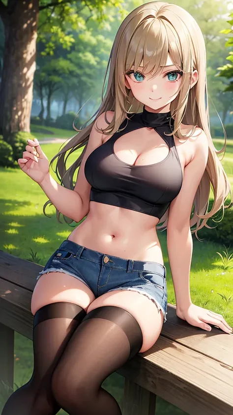 A small, young Sixteen year old girl with very dark blonde hair and emerald green eyes. She has a curiously playful smile. She has big  and round thighs. She wears tight jean shorts and a crop top. Her top reveals a lot of cleavage. She sits outdoors in a ...