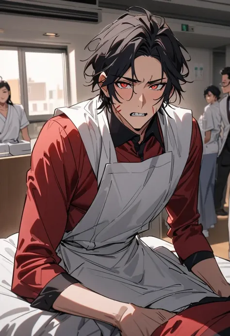 man, 32 years, black hair with wine red details, amber eyes, marked musculature, formed jaw, wearing elegant clothes and on top of that a medical apron, In the background I would be in a hospital, well drawn, detailed hands, well done body