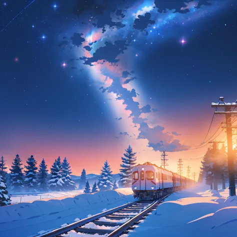 In a tranquil winter night, under the ethereal glow of a cosmic sky, a train glides gracefully along snow-covered tracks. The scene unfolds with Makoto Shinkais signature magic realism, where the train itself seems alive with a quiet, mysterious energy. Th...