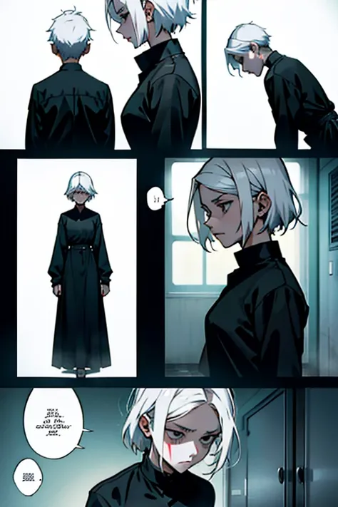 Girl with short white hair small and really skinny, feeling extremely sick, detailed illness, coughing blood, fainting , throwing up, bloody, wearing long black dress, running, manga page with panels and dialogue    