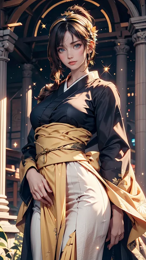 A girl in a kimono stands expressionless in a wheat field up to her waist, Black kimono with gold rimming, her hair is tied in a ponytail, Yellow Eyes, The sunset in her eyes, The light hits her face, Half landscape orientation to the camera、24-year-old fe...