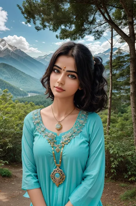 Open both eyes, change the locket in neck to lord Krishnas locket, complete the picture till the bottom, change the background to mountains or forest, change the hairstyle