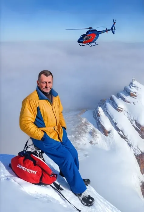 Sergei Taboritsky, man on the mountain, The top of the mountains, helicopter in the background, winter, fog, пальто