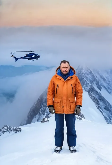 Sergei Taboritsky, man on the mountain, The top of the mountains, helicopter in the background, winter, fog, пальто