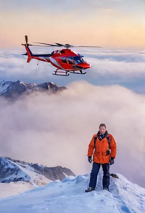 Sergei Taboritsky, man on the mountain, The top of the mountains, helicopter in the background, winter, fog, пальто