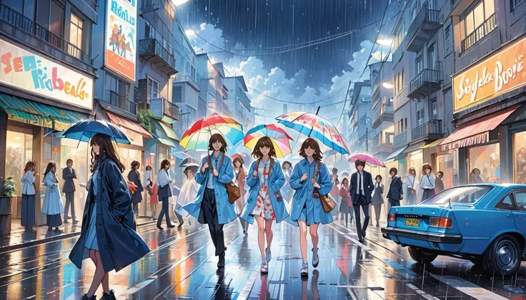 cover of the Beatles Abbey Road album;(masterpiece, top quality, best quality, official art, beautiful and aesthetic:1.2), girl, alone in the rain with a jacket in a dark Rio de Janeiro city, extreme detailed,highest detailed, optical mixing, playful patte...