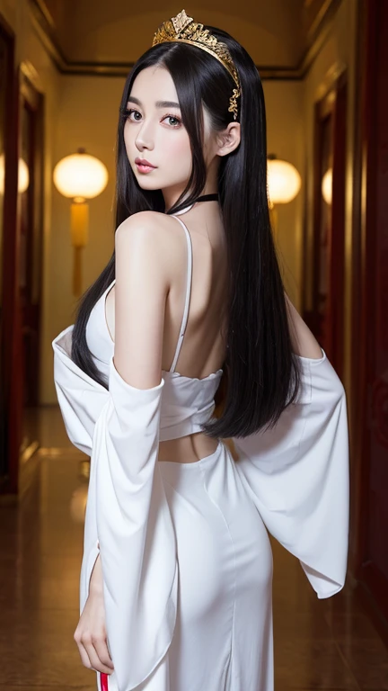 (((Chinese Beauty)))、(Side view angle)、(Look back here)、21 years old、(Very heavy makeup:1.3)、(Slanted Eyes:1.4)、(long narrow eyes:1.4)、Shiny Hair、Glowing Skin、Very white skin、Jet Black Hair、Straight long hairstyle、Waist-length hair、Big eyes、Double eyelids、...