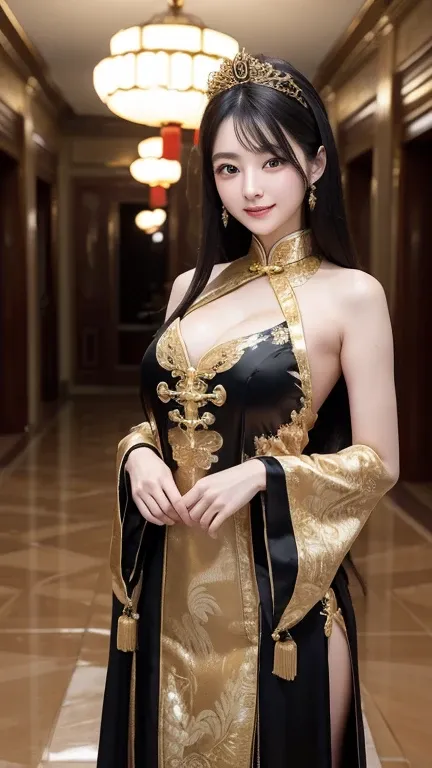 (((Chinese Beauty)))、21 years old、(Very heavy makeup:1.2)、(Slanted Eyes:1.3)、(long narrow eyes:1.3)、Shiny Hair、Glowing Skin、Very white skin、Jet Black Hair、Straight long hairstyle、Big eyes、Double eyelids、Luxury Chinese palace、(Standing in the palace corrido...