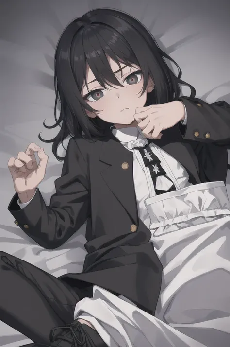 ( raw photo,ultra-detailed:1.2) ((Best Quality)), ((Masterpiece)), (detailed), 1 17 year old boy, He is wearing a black jacket that is over a white shirt that has a graphic design, black pantaloon, black sneaker with white laces. Lying on his bed in his ro...