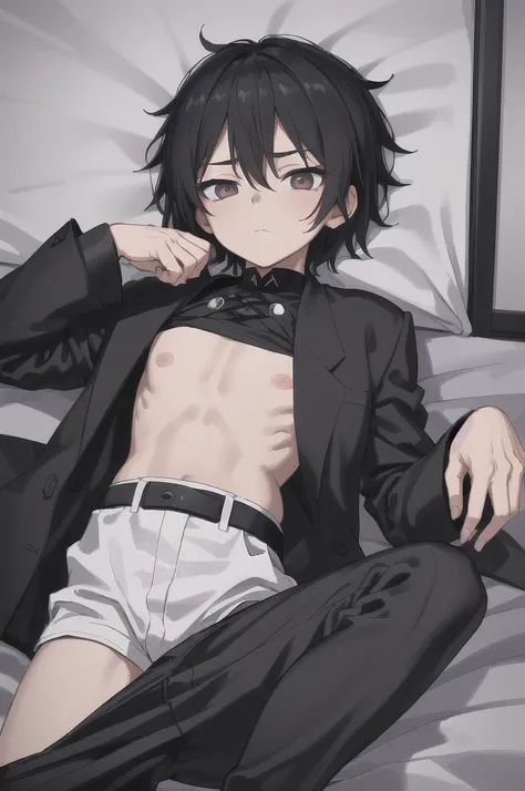 ( raw photo,ultra-detailed:1.2) ((Best Quality)), ((Masterpiece)), (detailed), 1 17 year old boy, He is wearing a black jacket that is over a white shirt that has a graphic design, black pantaloon, black sneaker with white laces. Lying on his bed in his ro...