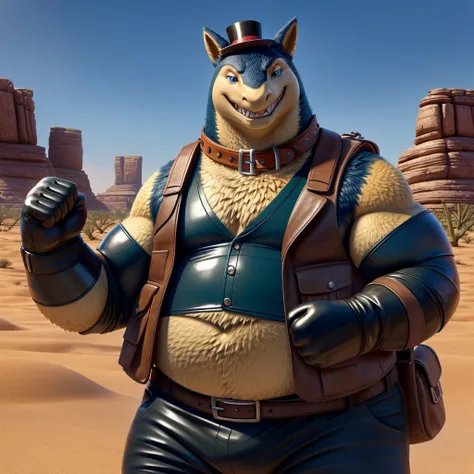 Male, fat, extremely obese, Typhlosion, blue eyes, (posing:1.3), (soft shading), 4k, hi res, ((detailed face, detailed)), looking at viewer, evil grin, desert, cactus, shirt, top hat, male focus, Explorer Outfit, glasses, pants, bag, vest, backpack, sleeve...